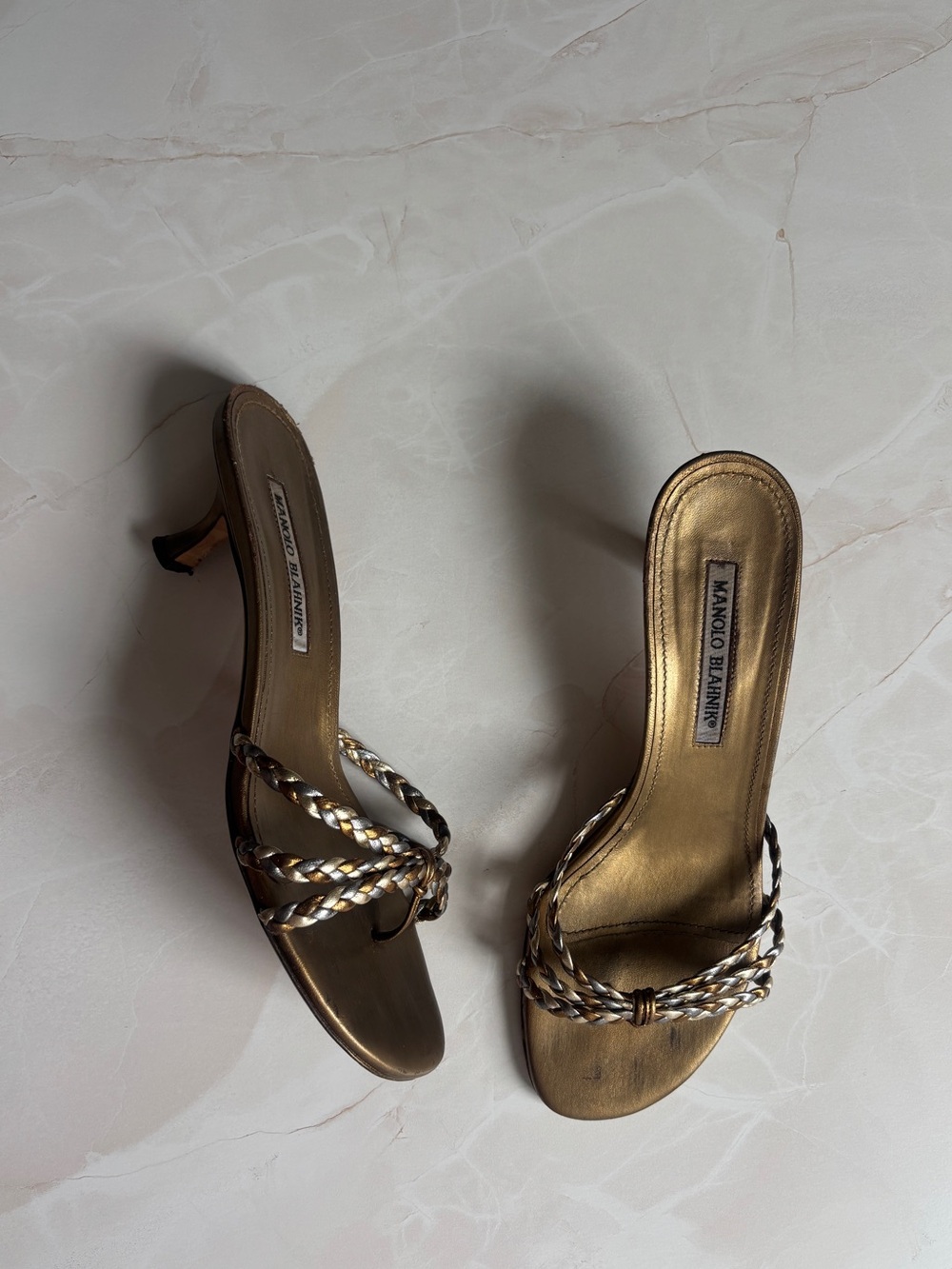 vintage Y2K Manolo Blahnik bronze braided strap slide heel